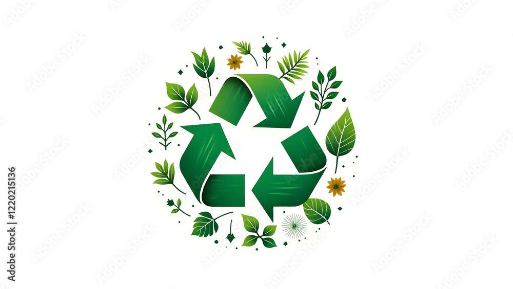 A green recycling symbol surrounded by eco-themed icons representing sustainability, renewable energy, and environmental conservation, set on a white background, promoting global ecological awareness. A green recycling symbol surrounded by eco-themed icons representing sustainability, renewable energy, and environmental conservation, set on a white background, promoting global ecological awareness.