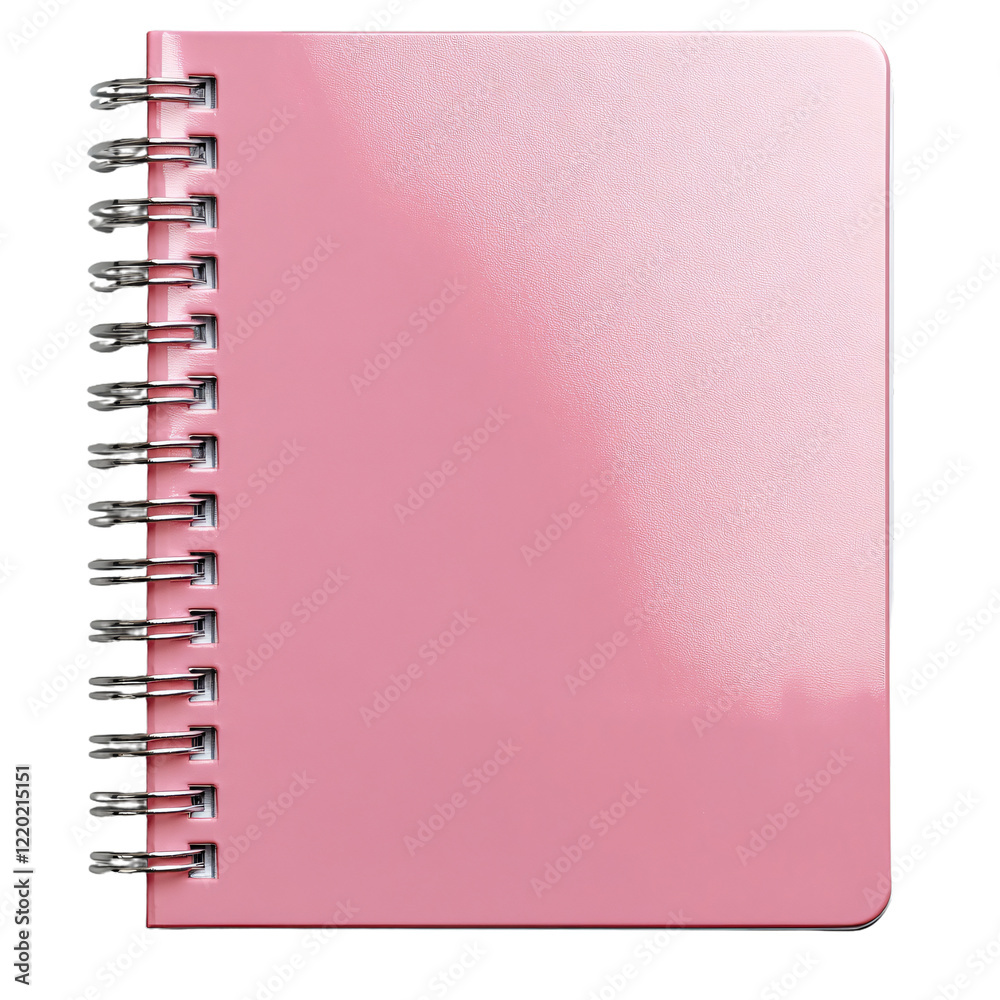 A pink spiral notebook with a smooth cover, featuring shiny surfaces and a metallic binding. A pink spiral notebook with a smooth cover, featuring shiny surfaces and a metallic binding.