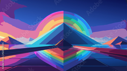 Vibrant Synthwave Landscape with Mirrored Pyramids/The image is a vibrant, stylized digital artwork in the synthwave aesthetic. It features a symmetrical composition with two large angular shapes 