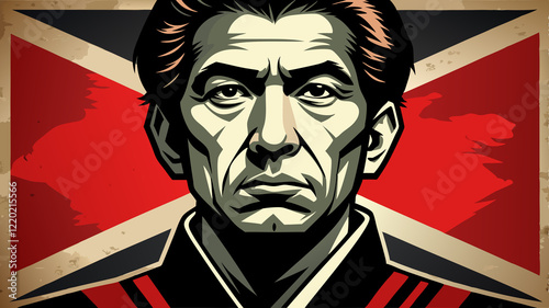 Stylized Portrait of Andrés Bonifacio.The image is a stylized portrait of a man with a serious expression. He has dark hair, prominent cheekbones, and appears to be wearing a dark jacket with red