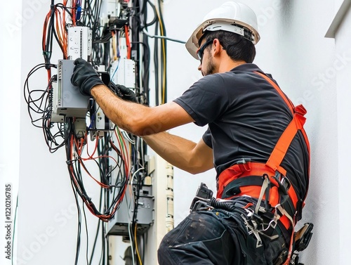 Telecommunications Technician - Telecommunications technician installing or repairing communication systems, in a tech environment, on a White Background.