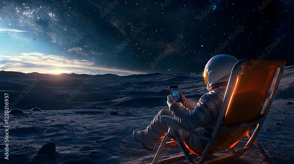 custom made wallpaper toronto digitalAstronaut relaxing on moon in lounge chair, watching sunrise, using phone; space exploration concept