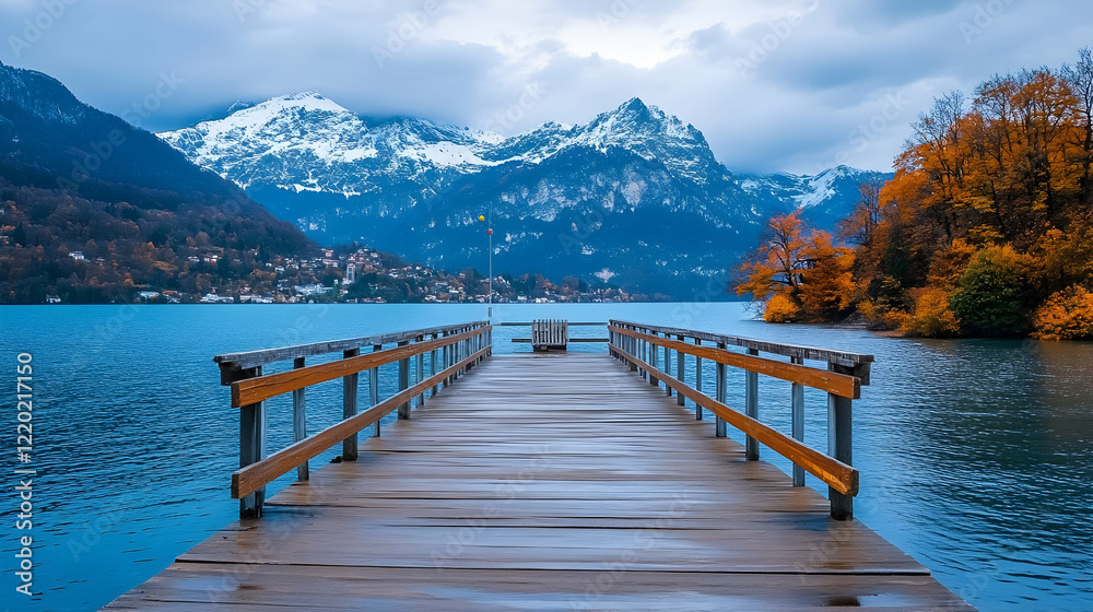 Obraz premium Autumn lake pier, mountains background, calm waters, scenic view, travel photography