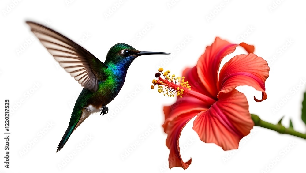 Fototapeta premium A vibrant hummingbird hovers near a radiant red flower, poised for a sweet nectar kiss, isolated white background