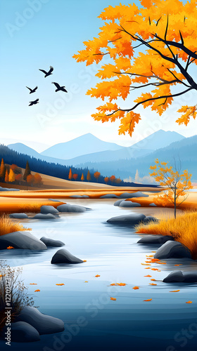 Autumn river landscape, birds flying, mountains background, peaceful nature scene; ideal for calendar, phone wallpaper
