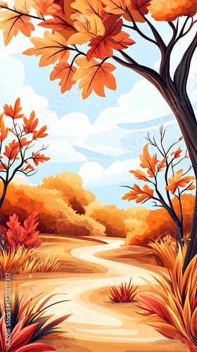 Autumn path winding through forest, vibrant fall foliage, scenic landscape, ideal for calendars or phone wallpapers