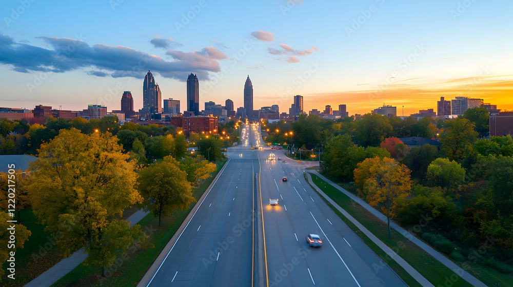 Autumn sunset over city skyline, highway view. Use Travel brochure, city guide Autumn sunset over city skyline, highway view. Use Travel brochure, city guide