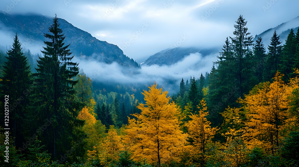 Obraz premium Autumnal mountain valley fog sunrise, golden trees, scenic landscape, nature wallpaper