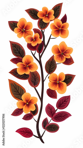 Autumnal orange flowers and leaves branch, isolated on white, for design