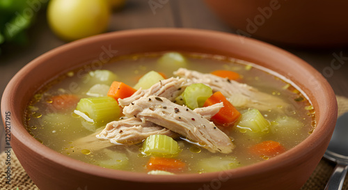 A warm bowl of chicken soup enriched with vegetables, embodying the essence of winter comfort food. This dish is not only delicious but also high in protein