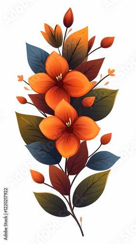 Autumnal orange flowers, leaves, botanical illustration, isolated, design element
