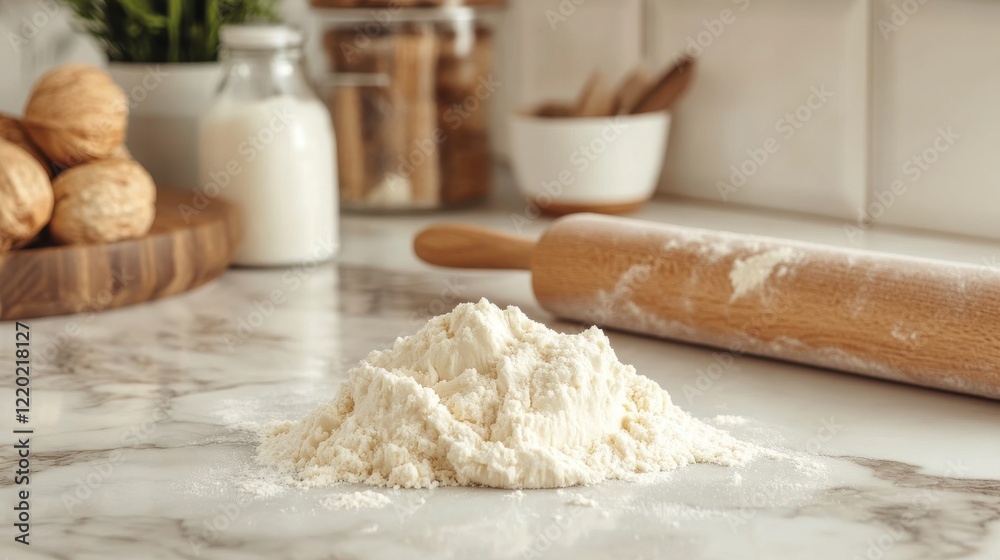 A bag of flour sits on a marble countertop A bag of flour sits on a marble countertop