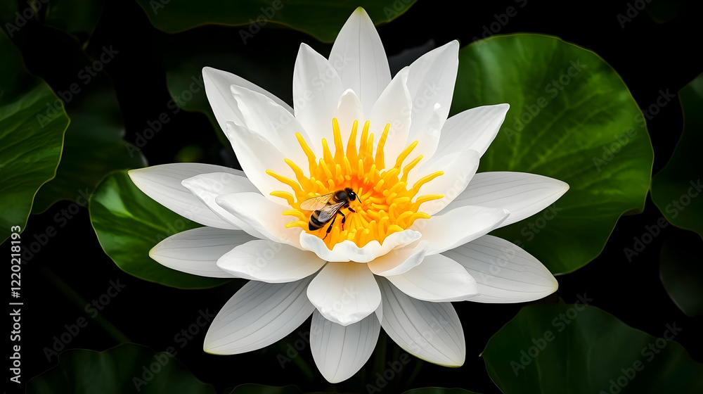 Bee pollinating white water lily in pond, dark green leaves background; nature photography for websites, blogs, or print Bee pollinating white water lily in pond, dark green leaves background; nature photography for websites, blogs, or print