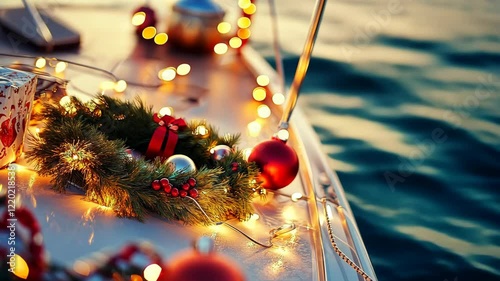 Festive decorations adorn a boat with shimmering lights and ornaments during the holiday season