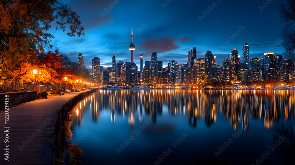 Fototapeta premium Cityscape dawn, waterfront path, autumn leaves, urban skyline reflection