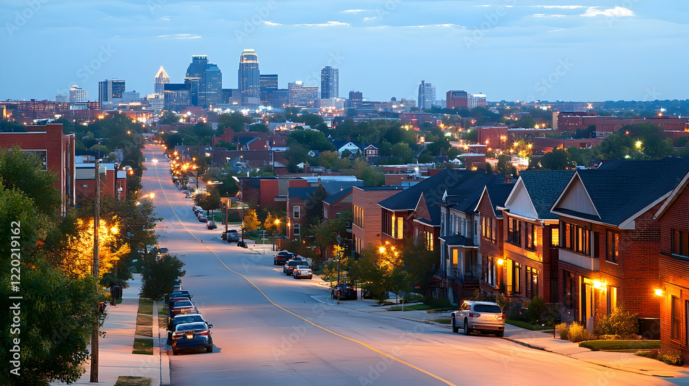 Obraz premium City skyline view at dusk, residential street, neighborhood, illuminated houses, urban landscape, real estate