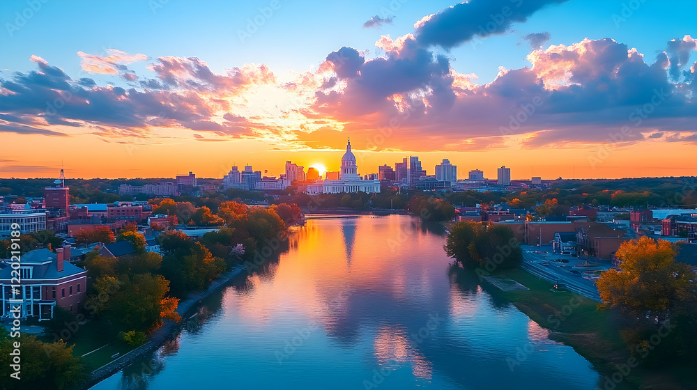 Naklejka premium Cityscape sunrise, autumn foliage, river reflection, Capitol building