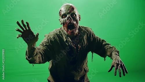 A zombie lunges forward with outstretched arms, decayed flesh, and tattered clothing. The backgrouxnd is a chroma key green screen.