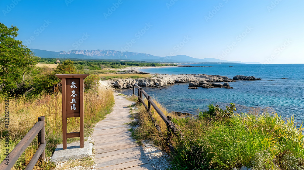 Obraz premium Coastal boardwalk path leading to serene beach, mountains backdrop, summer day, travel destination