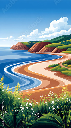 Coastal scenic view curving beach, cliffs, greenery; idyllic summer day; travel brochure or calendar use