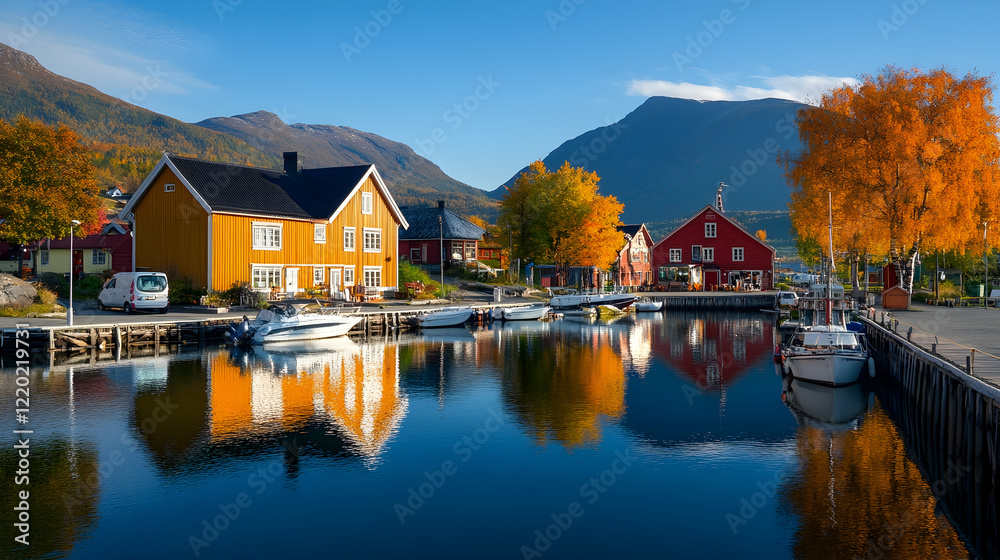 Naklejka premium Colorful autumn houses reflect in calm harbor, mountain backdrop, idyllic fishing village