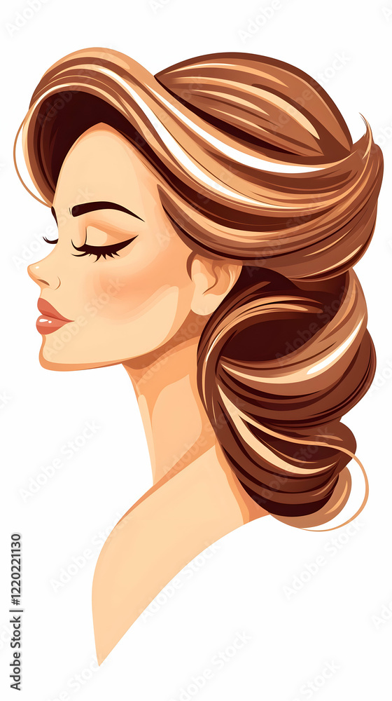 Elegant woman, brown hair updo, profile view, white background, beauty salon advertising