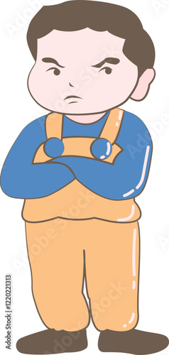Cute Boy in Jumpsuit is Standing With Arms Cross Looks So Upset Cartoon Vector Illustration