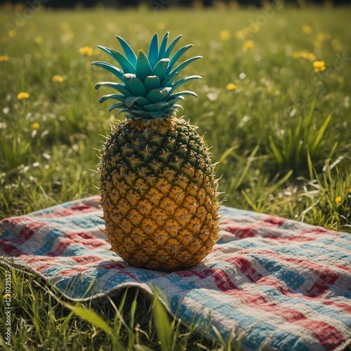 A squeaky toy shaped like a pineapple, placed on a picnic blanket in a sunny meadow.
