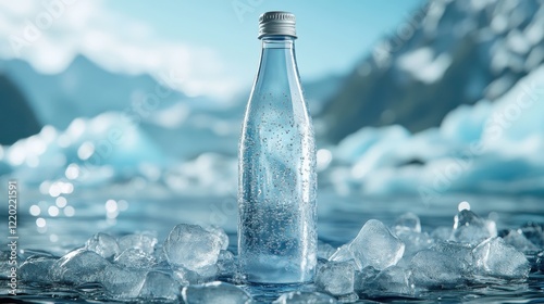 A bottle of water is sitting on top of a pile of ice