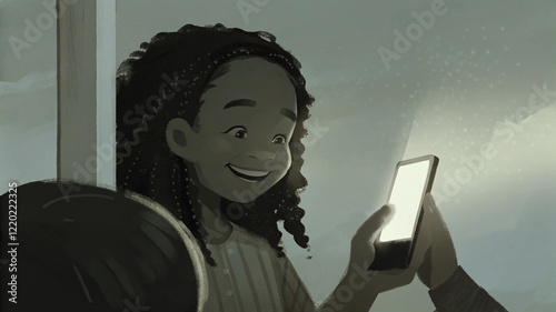 Engaged Child Looking at a Bright Smartphone Screen.The image is a digital illustration depicting a young person with dark curly hair,possibly styled in braids,looking at a brightly lit smartphone