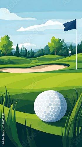 Golf ball on green, scenic course, mountains background, for website banner