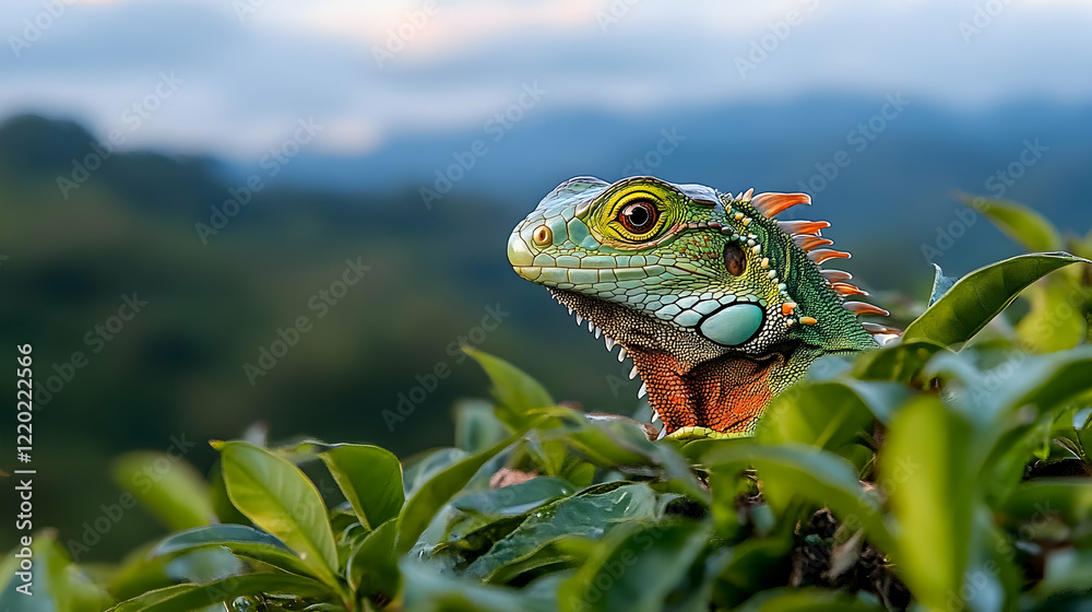 Green iguana in lush foliage, mountain backdrop; wildlife, nature photography Green iguana in lush foliage, mountain backdrop; wildlife, nature photography