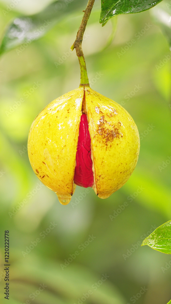 Obraz premium nutmeg fruit on tree, myristica fragans, raindrops falling in slow motion, red mace spice