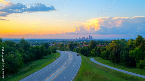 Highway sunset cityscape suburban view