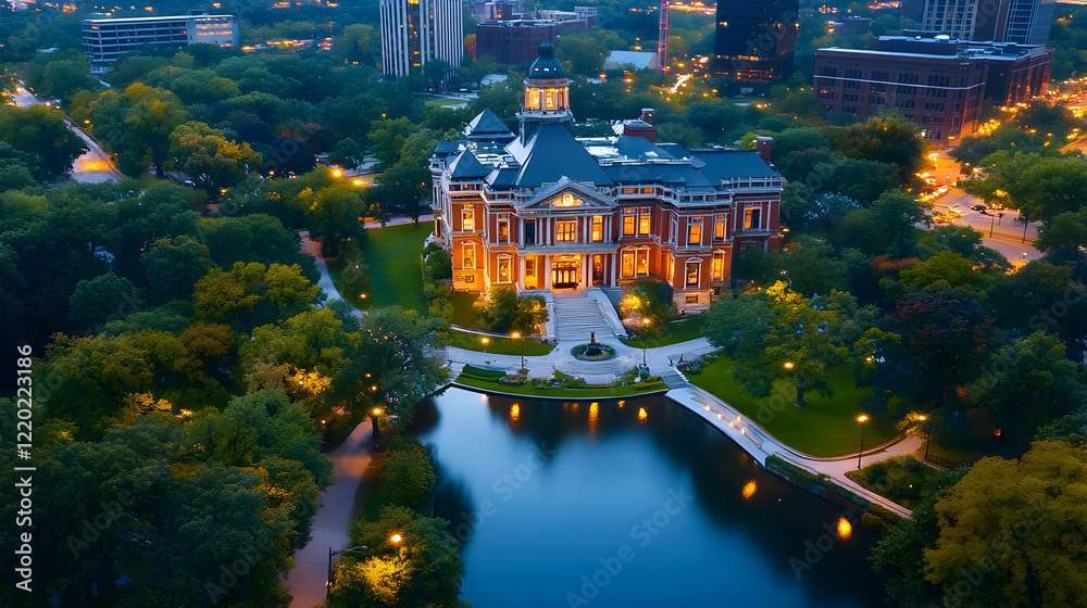 Obraz premium Illuminated courthouse, city park twilight, aerial view, urban landscape, website banner