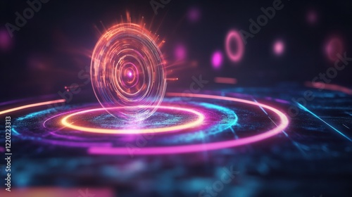 A sleek 3D target with glowing digital energy lines attracting holographic audience symbols, isolated on white photo