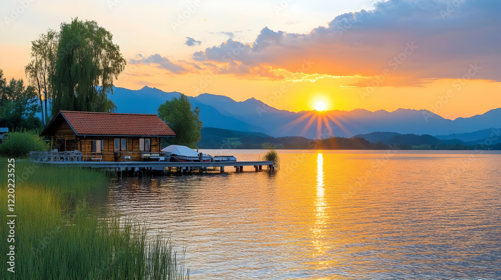 Obraz premium Lakeside cabin sunset, mountain view, calm water, boat dock. Ideal for travel brochures