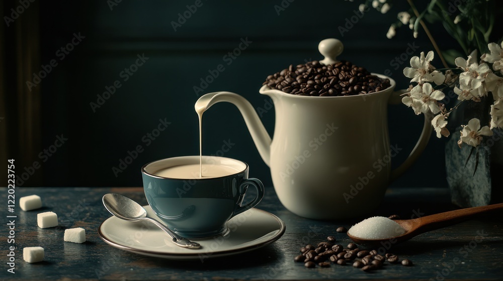 Fototapeta premium Cream pouring into a dark blue coffee cup