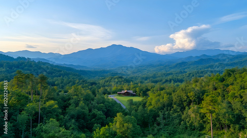 Mountain cabin, scenic valley view, sunset, nature background; real estate, travel