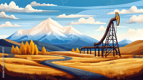 Mountain landscape oil pump autumn road photo