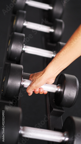Hand picking up dumbbell in gym rack for weight training, isolated, top view, close up
