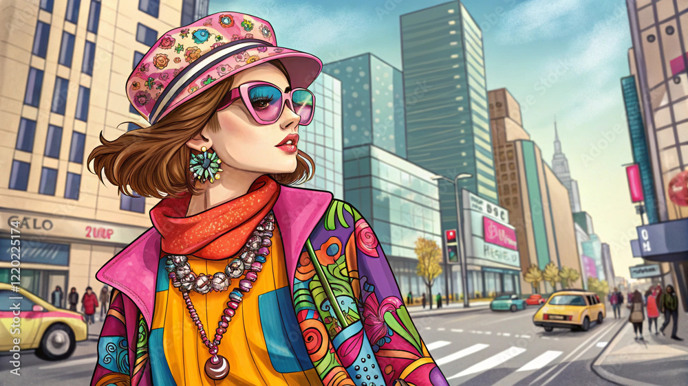 Fototapeta premium 90s Inspired Urban Style with Graffiti Backdrop.The image appears to be a digital illustration depicting a stylish young woman in a vibrant, retro-inspired outfit, reminiscent of 1990s fashion