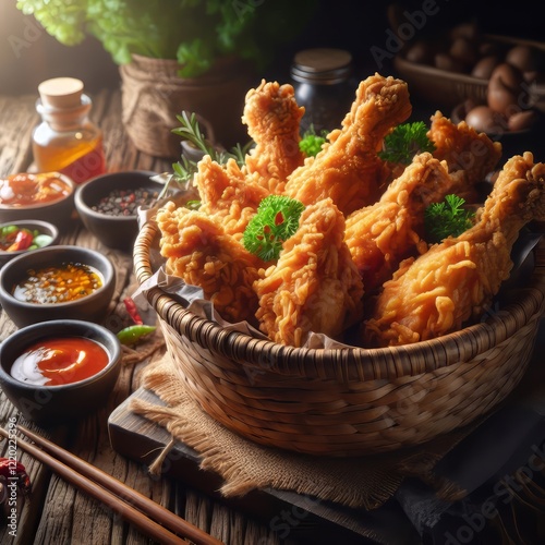 Crispy Fried Chicken in Basket with Assorted Dipping Sauces – Rustic Food Photography photo