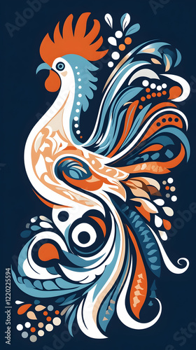 Wallpaper Mural Ornate Rooster Illustration, Festive Design, Blue Background, Holiday Decoration Torontodigital.ca