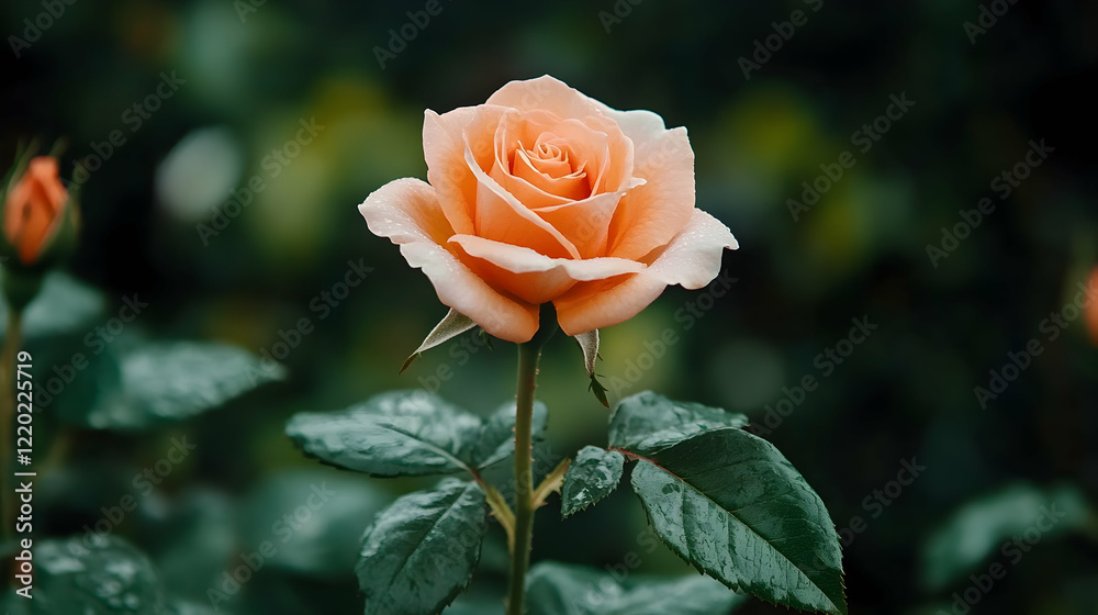Peach rose blooming in garden, lush green background, perfect for romantic cards Peach rose blooming in garden, lush green background, perfect for romantic cards