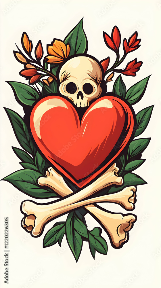 Obraz premium Red heart, skull, crossbones, flowers, leaves; gothic romantic illustration for tattoo design