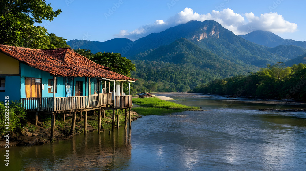 Naklejka premium Riverfront house, mountain backdrop, tranquil scene, travel destination