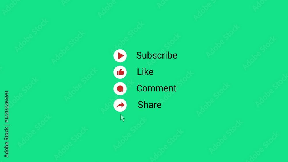 4k youtube pop up, subscribe, like, comment, and share icon button clicked animation, motion graphic with alpha mate, green screen clip template. 