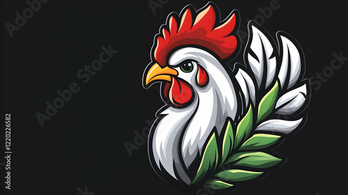 Wallpaper Mural Rooster head, green leaves, dark background, mascot design, farm animal illustration Torontodigital.ca