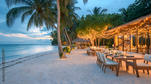 Romantic beach dinner, sunset, tropical island, ocean view, luxury resort